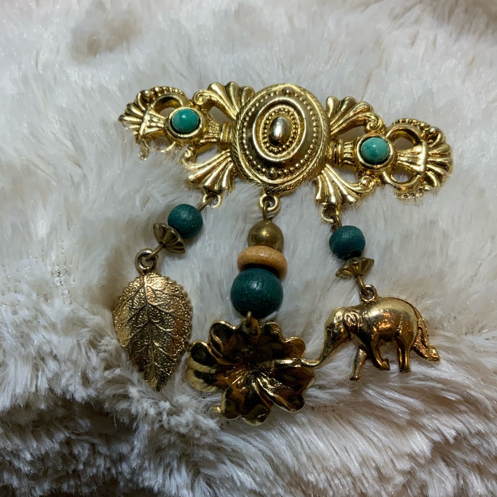 Boho Brooch with Charms Feather, Lotus and Elephant with bead accents